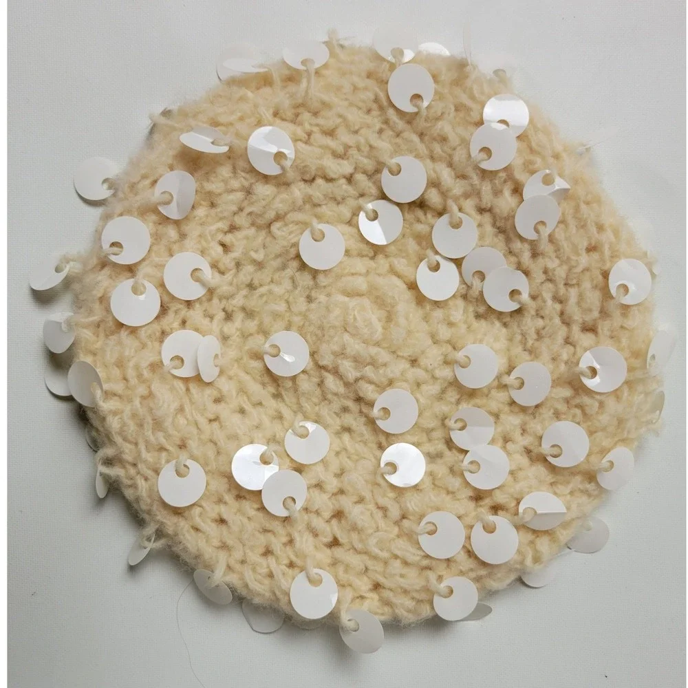Vintage 1960s Hand Crocheted Virgin Wool Beret‎ White Sequin Cream Made in Japan - Picture 5 of 8